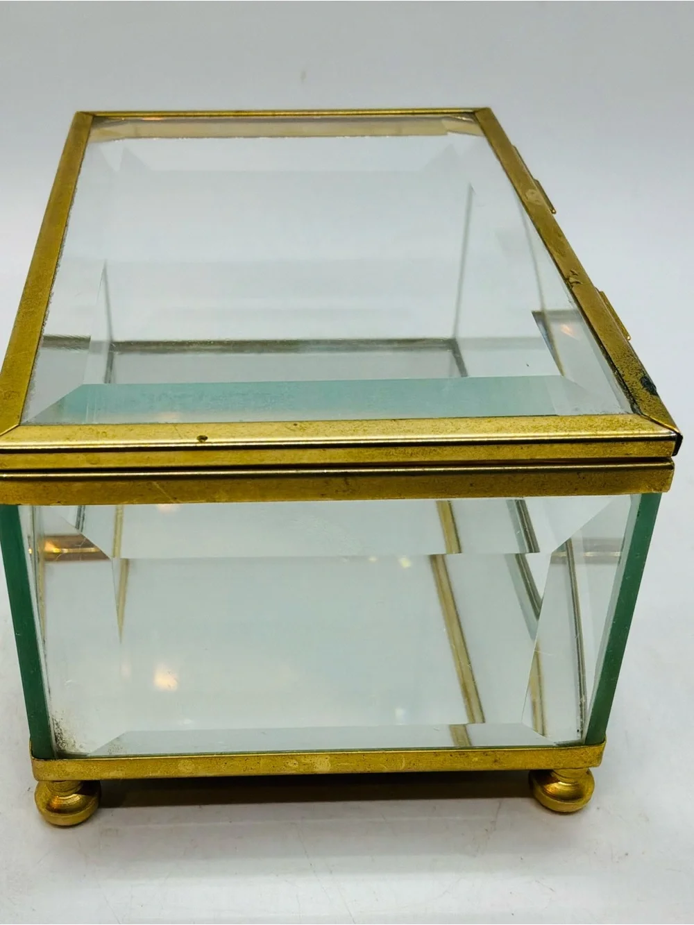 Vintage Hinged Jewelry Box Brass Beveled Glass Mirrored Trinket Jewelry Box